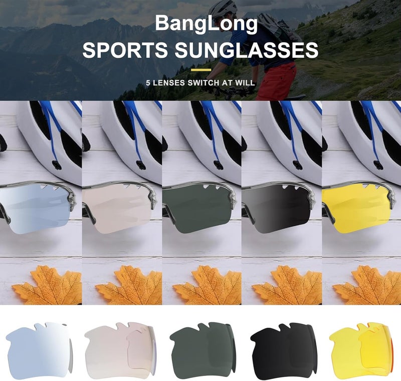 BangLong Polarized Sports Sunglasses Cycling Sun Glasses for Men Women with 5 Interchangeable Lenes for Running Baseball Golf - Image 2